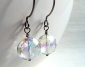 Rainbow Mystic Clear Quartz Earrings, Faceted Iridescent Coin Earrings, Oxidized Sterling Silver Earrings