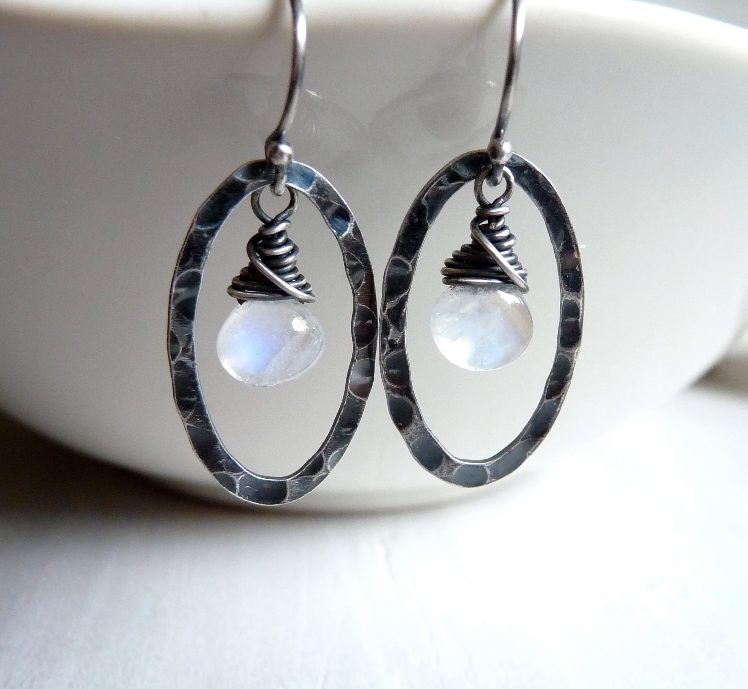 Rainbow Moonstone and Hammered Oval Earrings in Oxidized Sterling Silver Under 25