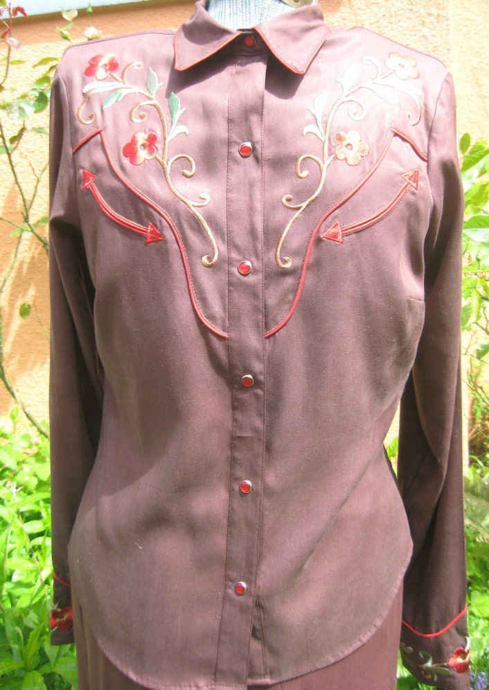 Vtg 80s Brown COWGIRL Embroidery Western Shirt Mermaid Skirt 2 pc Dress L