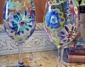 PARADE OF FLOWERS  Custom, Hand painted AShabby Chic, Bohemian ,Flower themed Wineglasses