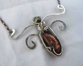 Art Jewelry Ornate Steampunk Copper Pendant Necklace with Pyrite and Hammered Sterling Silver, Handmade Wire Wrapped Jewelry
