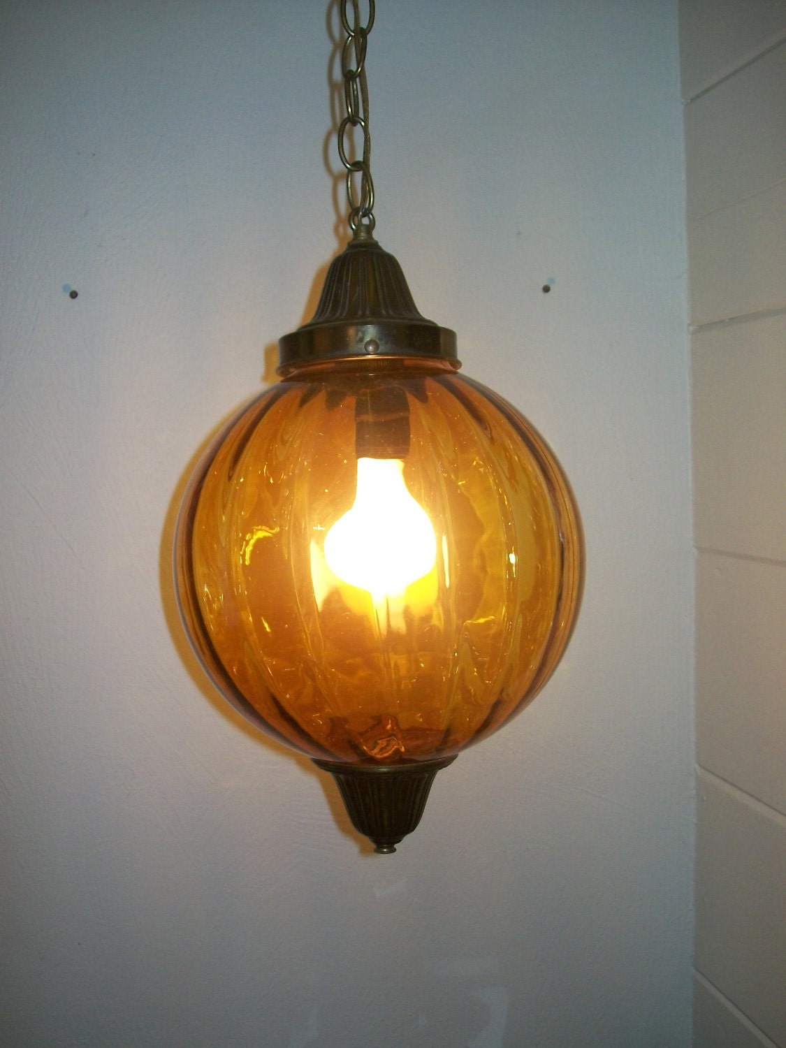 Sweet Swag..... Vintage Hanging Lamp Optic Amber Glass Globe