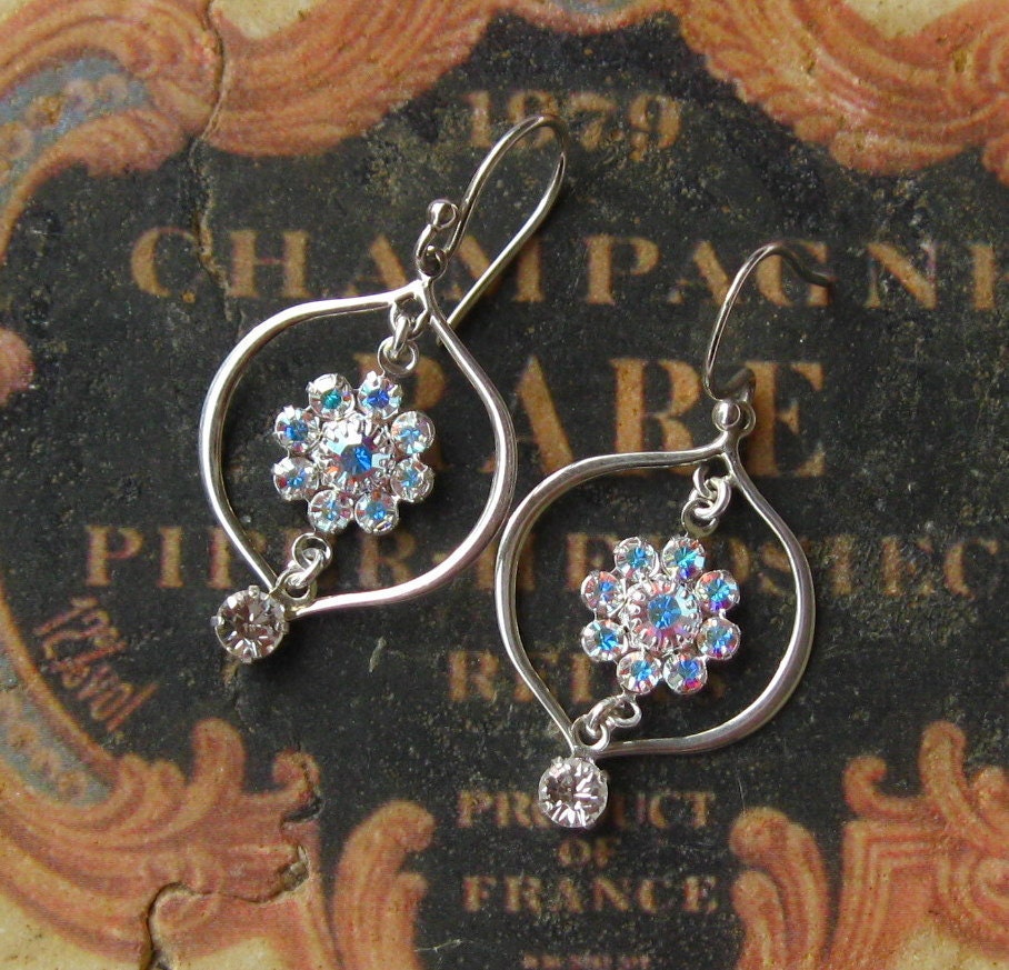 Dangle Earrings, Sterling & Swarovski crystal dangle Earrings, Handmade Jewelry, Handmade Earrings, Silver, White, Bridal, Snow Flurries