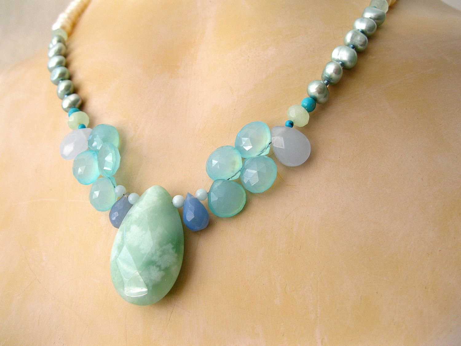 Pearl necklace OCEAN MIST Soft Aqua Blue Green Chalcedony and Turquoise Sterling Handmade Jewelry Artisan