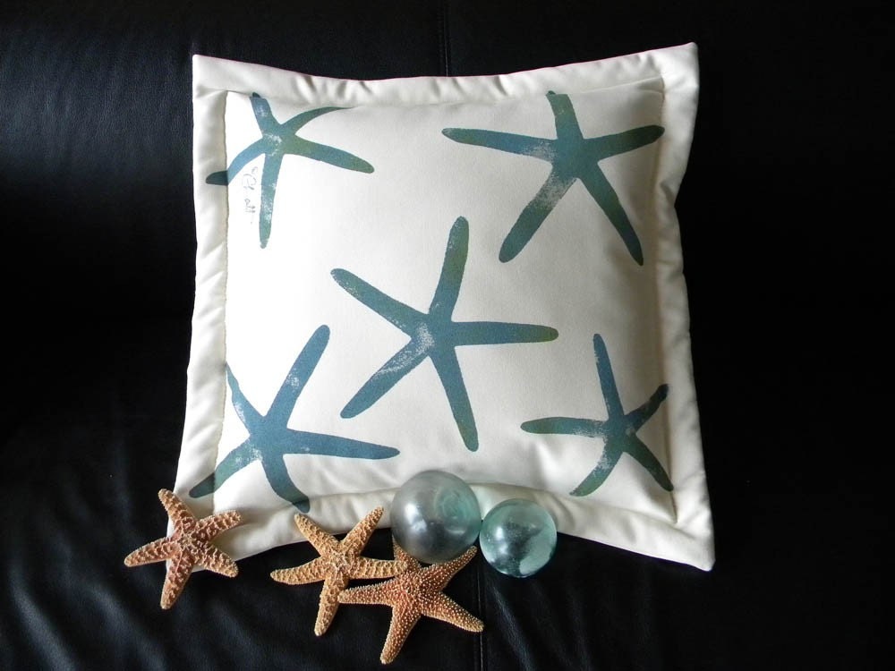 Starfish pillow finger sea star 20" pillow beach teal glass ball float shelling beachcombing coastal seashore indoor outdoor patio
