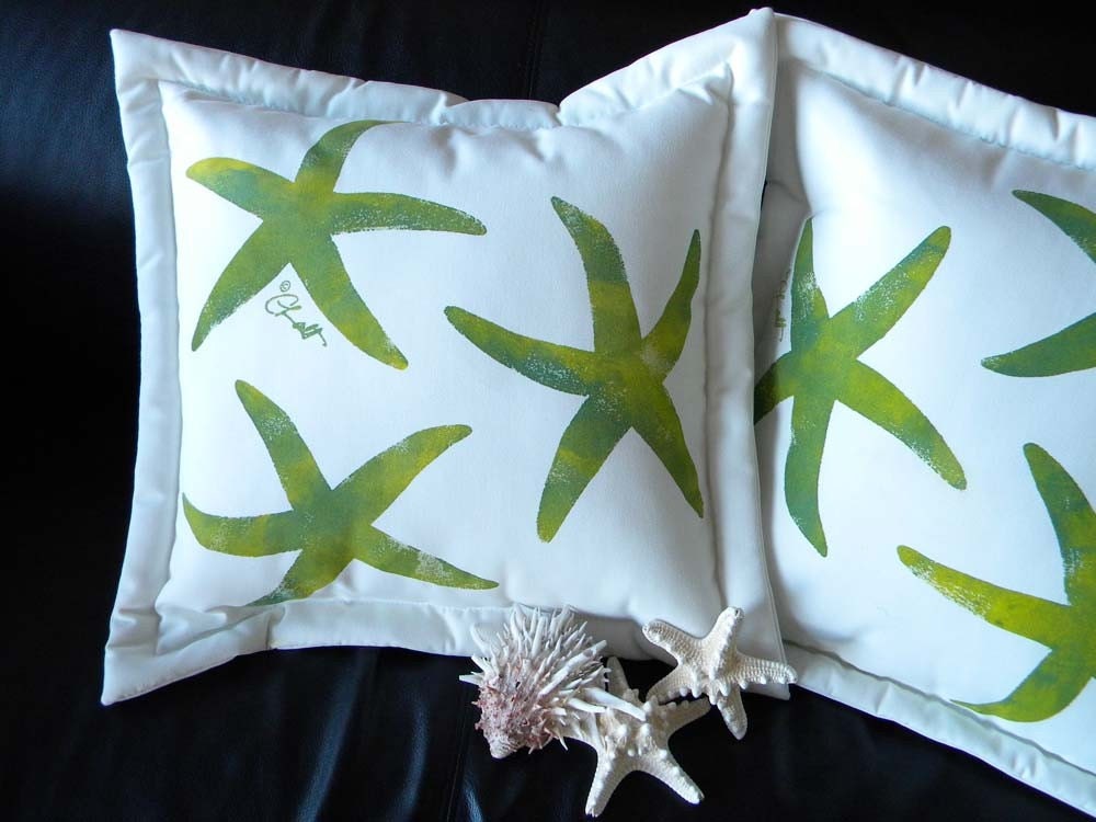 Sea star starfish apple green 20" pillow painted beach coastal seashore cottage indoor outdoor cabin ocean deck patio Crabby Chris Original