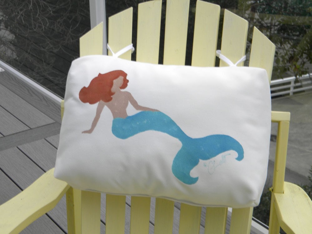 Mermaid Poolside Pillow with ties blue redhead deck chair chaise lounge ocean coastal beach lumbar patio swimming pool indoor outdoor