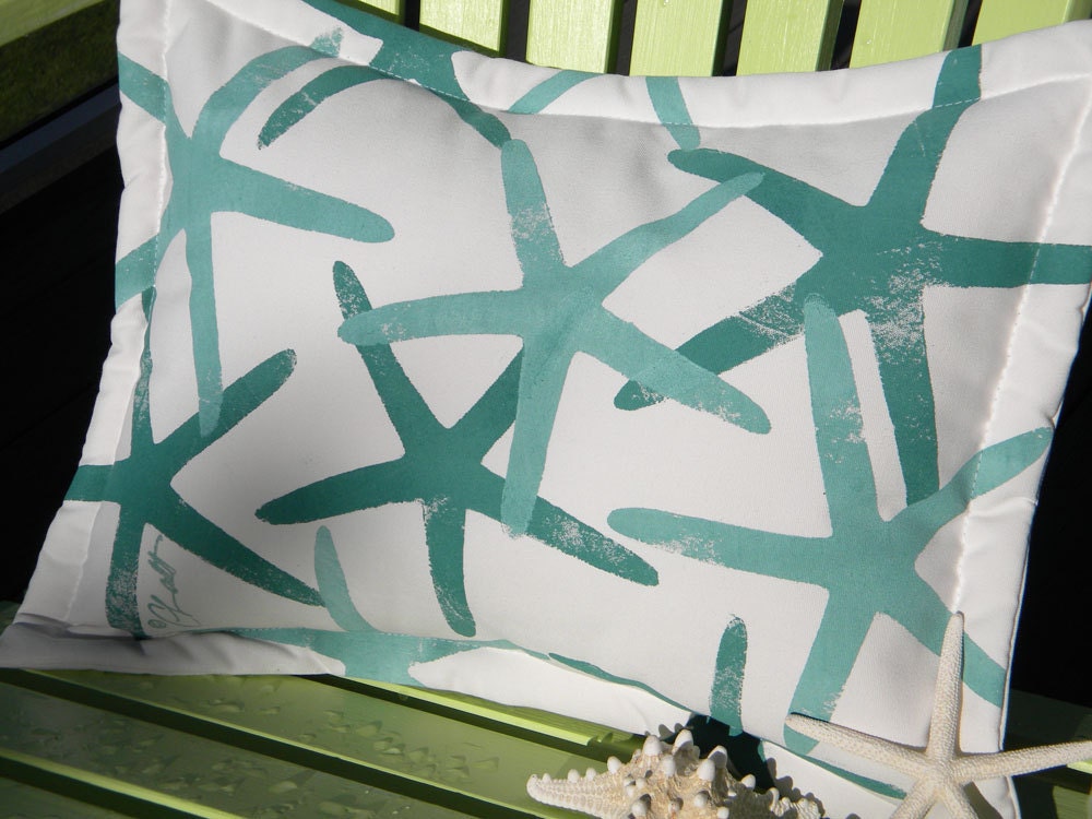 Starfish pillow lumbar 15x20 teal turquoise finger star indoor outdoor sea star painted coastal beach cottage shelling Crabby Chris Original