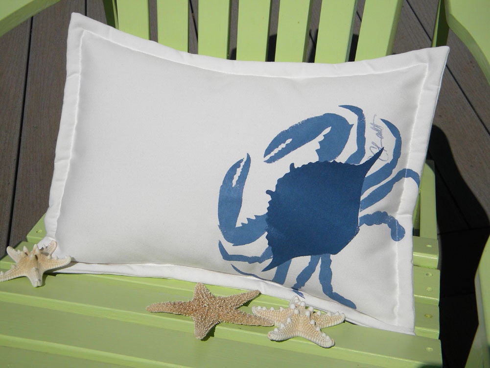 Lumbar Blue Crab pillow indoor outdoor 14"x20" coastal ocean SCUBA crabbing fishing beach gulf east coast seafood sailing crustacean