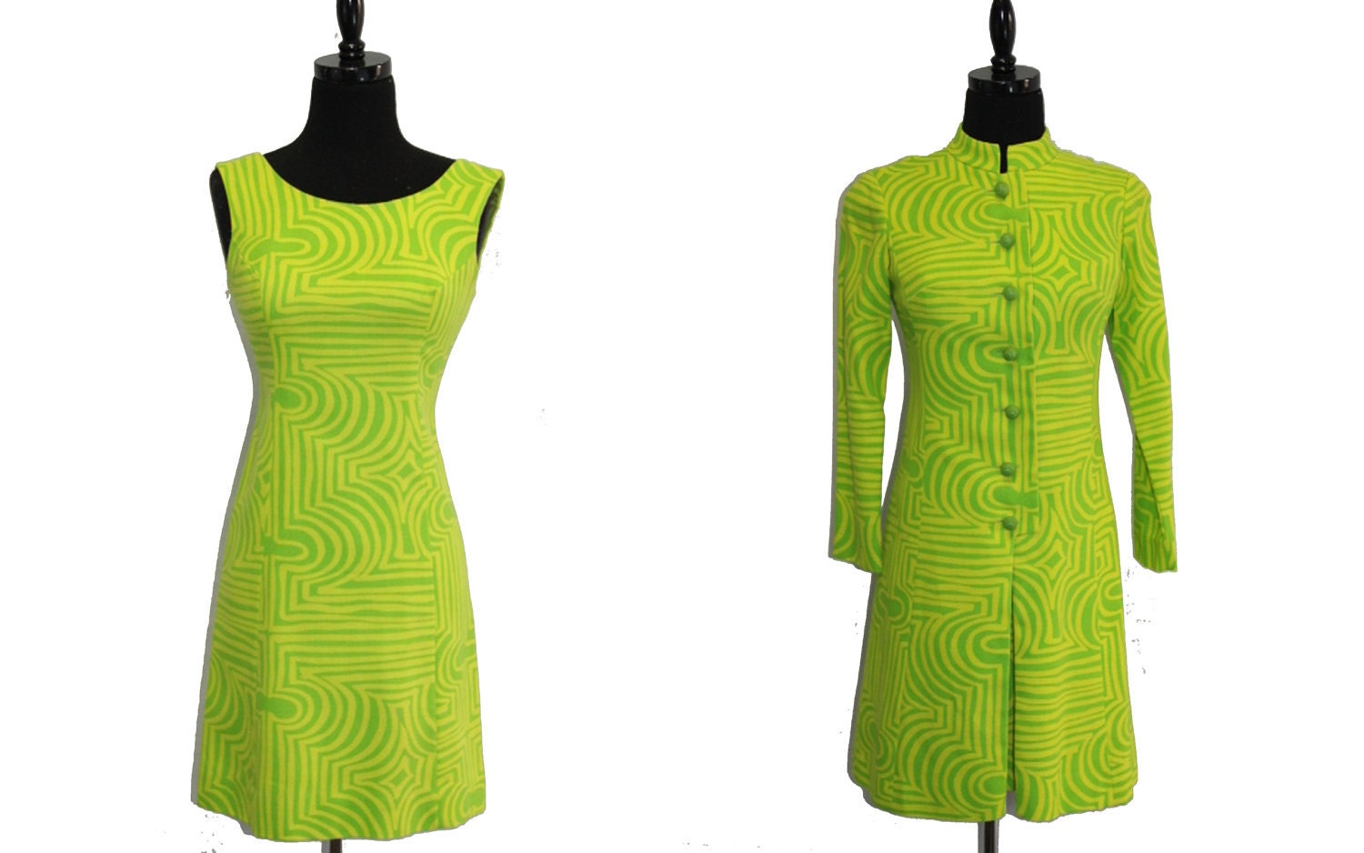 SALE - Psychedelic Vintage 1960s Dress and Coat XS Lime Jello MOD