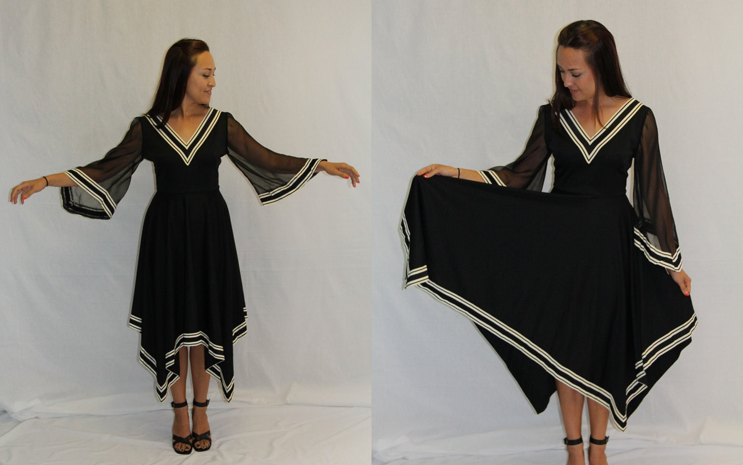 SALE - Vintage Dress 1960s Handkerchief Hem Trimmed with Black and White Gosgrain Ribbon