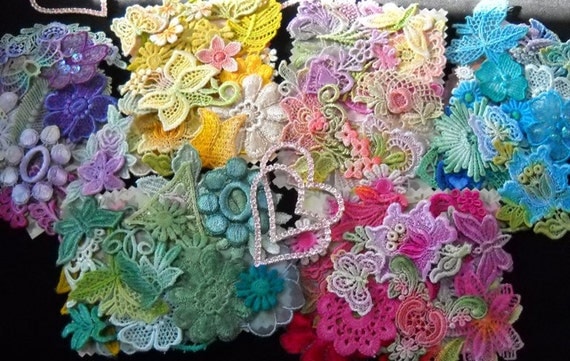 Crazy Quilt Shabby Chic Venise Lace Trim Embellishment Hand Dyed Applique Motif Vibrant Rainbow Crazy Quilt Kit