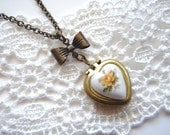 Small Vintage Heart Locket with Yellow Roses Bow Necklace Bridesmaid Set of SIX (6) Flower Girls Mother of the Bride