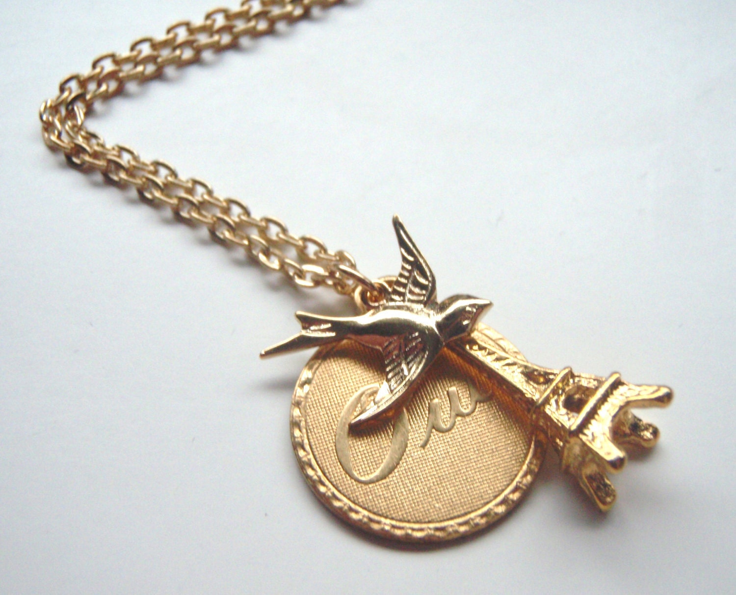 French Charms Vintage Oui Disc Charm Eiffel Tower and Swallow Charm Necklace,Bridesmaids Gifts,Paris Wedding