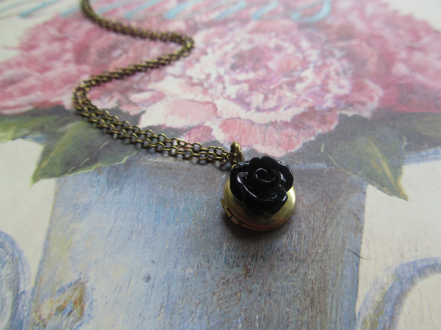 Black Rose Vintage Locket Necklace, Bridesmaids Gifts, Small Round Locket, Graduation Gift, Gifts for mom, Flower Girl