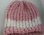 Organic Cotton Pink and Cream Hand Knit Baby Hat (0-3 months)