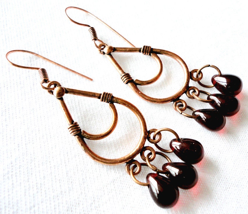 Spring Berries - Pomegranate, Red Glass, Red Wine, Burgundy, Teardrop, Chandelier, Antique Looking, Spring, Bead, Earrings