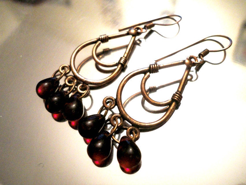 Spring Berries - Pomegranate, Red Glass, Red Wine, Burgundy, Teardrop, Chandelier, Antique Looking, Spring, Bead, Earrings