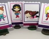 Girl Superhero Supergirl Mini Valentine Cards Set of 8 - Handcolored Love Lunchbox Notes