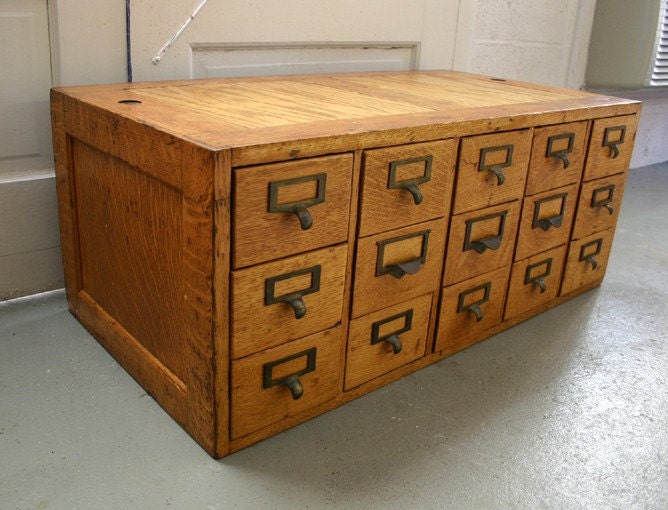 Vintage Oak 15 Library Card File Drawers by ConceptFurnishings