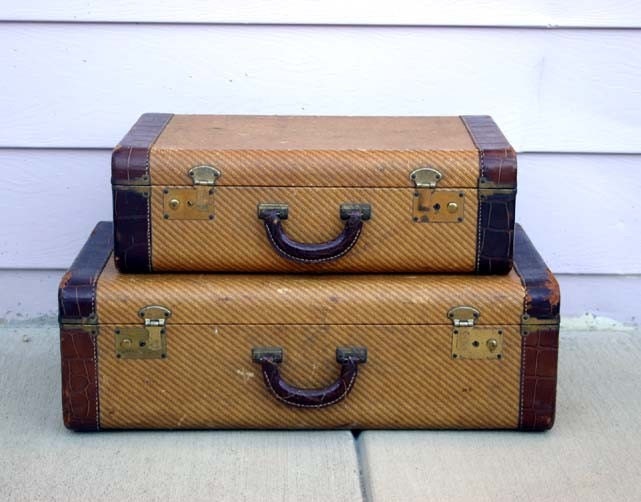 Pair of Tweed with Leather Trim Vintage Luggage Suitcases