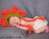 Newborn Baby Hat - Flower Bonnet in Grapefruit and Green with Braided Ties - Photo Prop