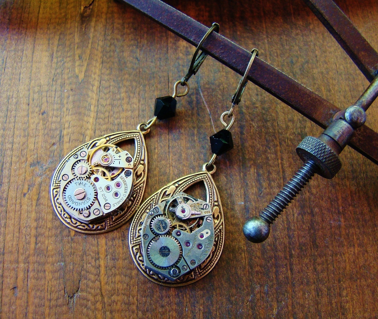 clockwork doublet.  steampunk victorian antique watch earrings.