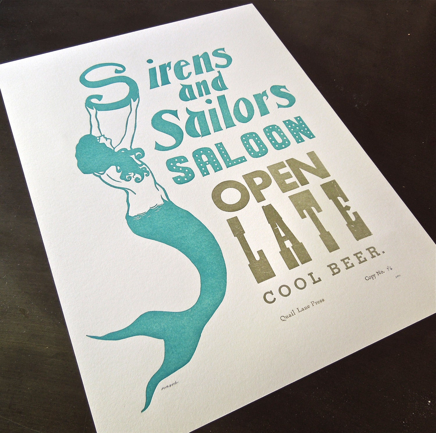 Sirens and Sailors, Linocut Letterpress Poster