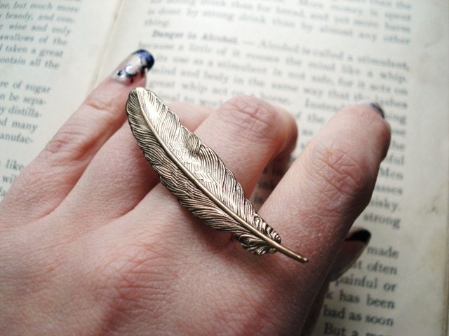 Two Finger Ring, Feather in Antiqued Brass, Double Finger, Statement Jewelry