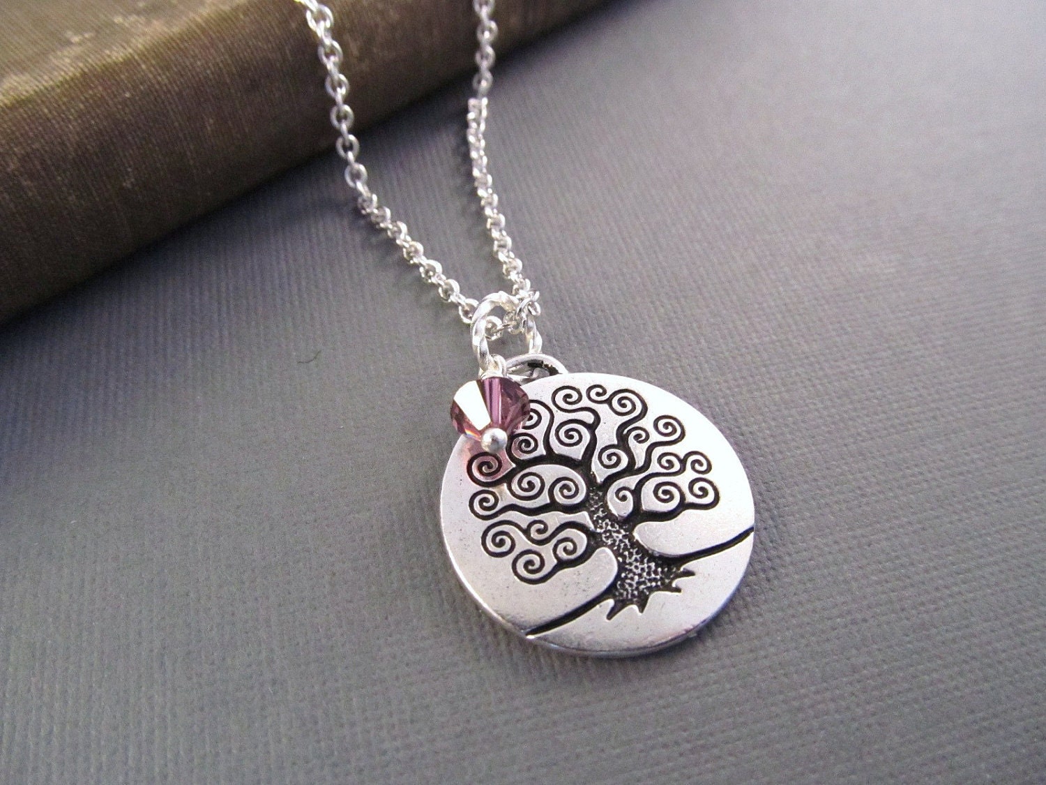 Personalized Necklace, Silver Tree of Life with Birthstone Charm, Pendant, Family Tree Jewelry,  Birthstone Necklace, Graduation Gift