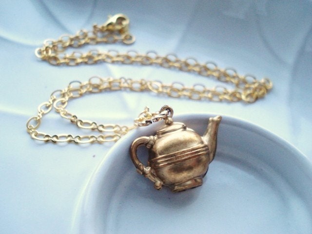 Tea Pot Necklace, Vintage Brass Teapot Charm, Pendant Necklace, Whimsical Jewelry, Coffee Pot, Food Necklace