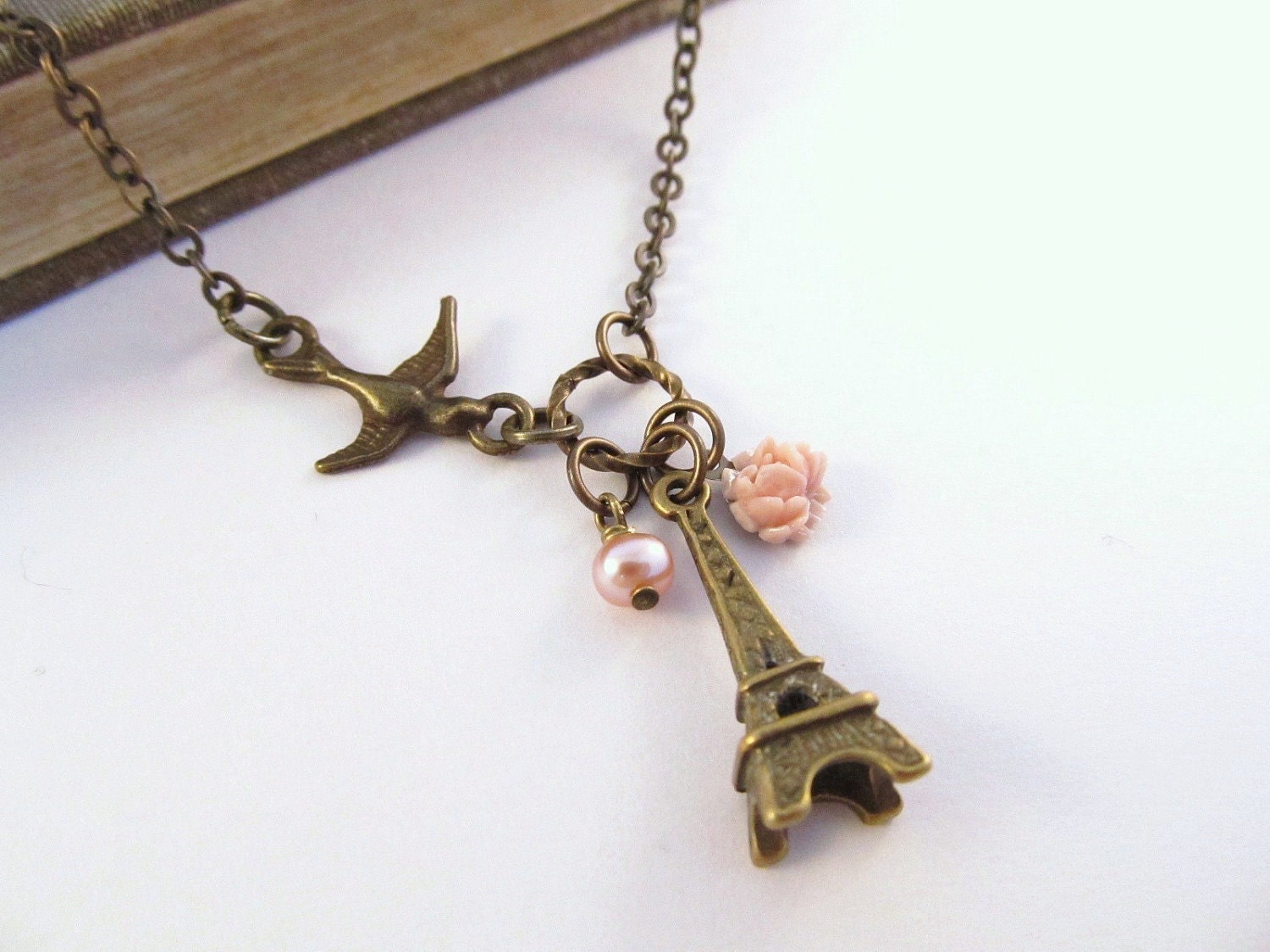 Eiffel Tower Necklace -- Antiqued Brass Charm with Pearl and Rose Dangles -- Springtime in Paris