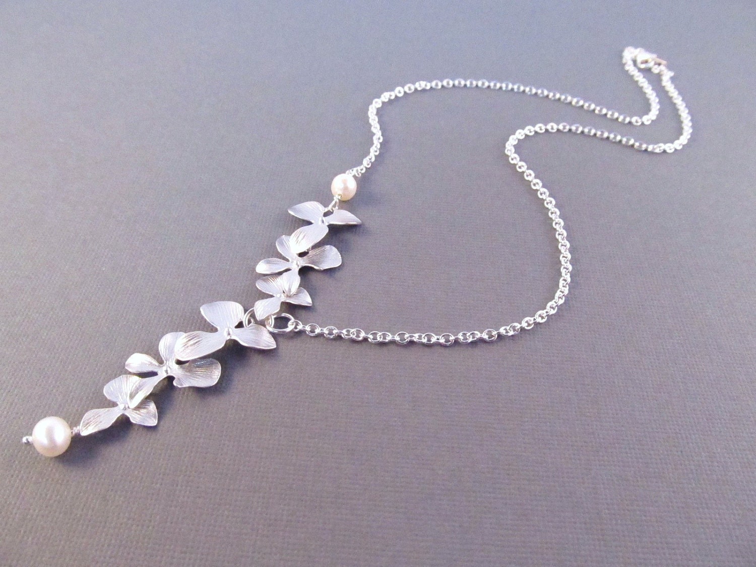 Bridesmaid Necklace, Silver Orchid Flowers with Freshwater Pearls, Bridal, Wedding Jewelry, Lariat Style Necklace