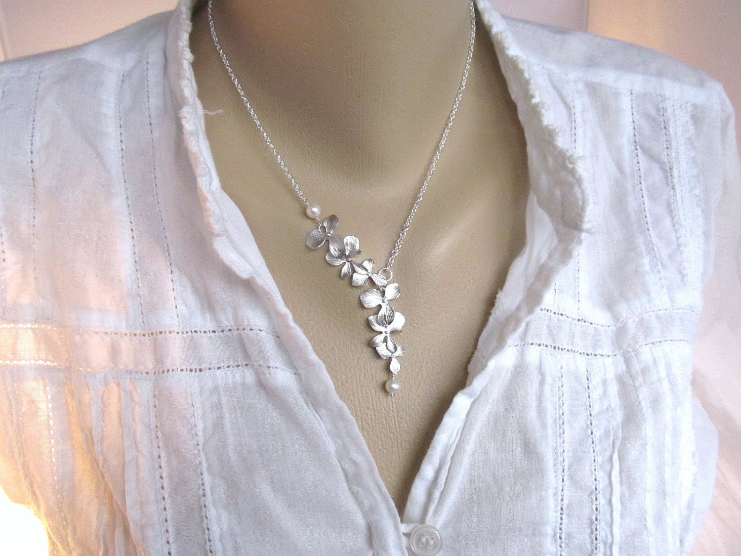 Bridesmaid Necklace, Silver Orchid Flowers with Freshwater Pearls, Bridal, Wedding Jewelry, Lariat Style Necklace