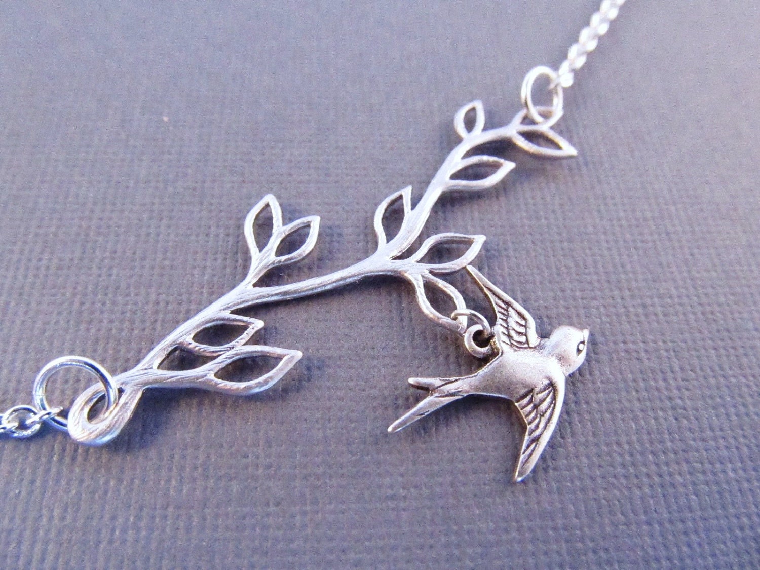 Branch and Bird Necklace, Silver Leaves and Swallow, Pendant Necklace, Everyday Jewelry