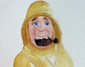 Old Salt - original watercolor, sailor with yellow raincoat, sea, man with pipe, fisherman, beard, scottish, weathered man