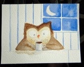 Works the Night Shift - owl with coffee watercolor, kitchen art, sleepy owl, kitchen, tea, morning, whimsical, small art, blue, face stubble