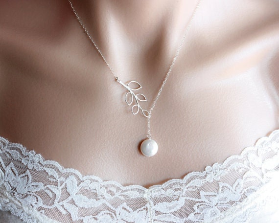 Lariat pearl necklace, branch leaf, Sterling Silver chain - wedding bridal jewelry, bridesmaids gifts favor, birthday gifts