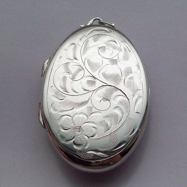 Large Sterling Silver Locket Etched Flower Design Neo Victorian