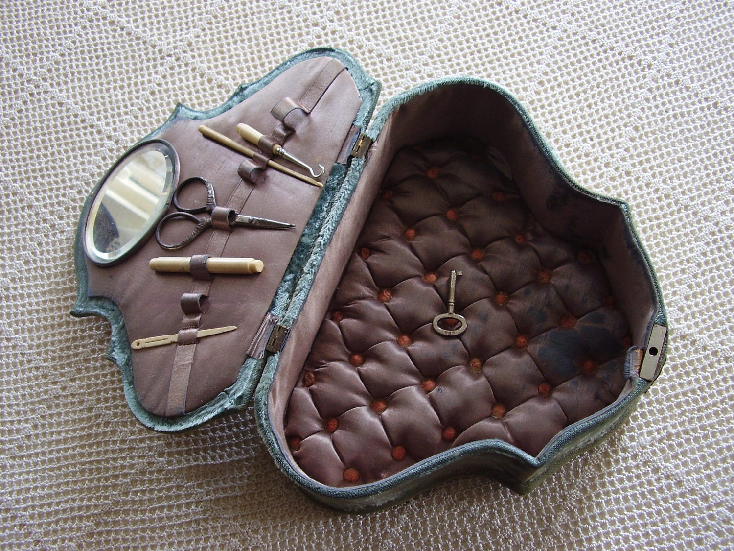 Vintage Sewing Box Victorian Blue Velvet