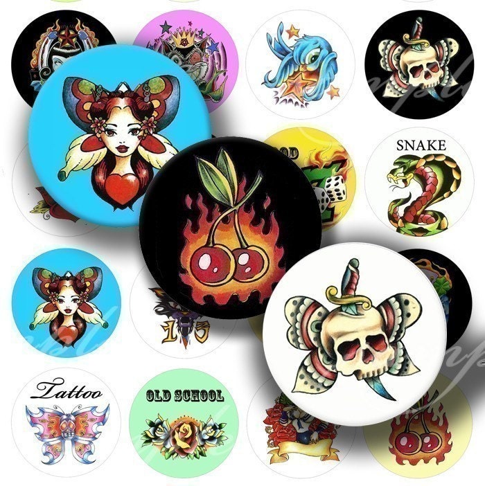 Old School Tattoo Designs  Digital Collage ( 121 ) Sheet 1 inch Circles Bottle cap images glass tiles resin pendants bottlecaps ...