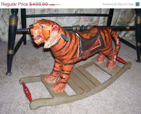 Super SaLe Rare Antique Hand Carved Wooden Rocking Bengal Tiger