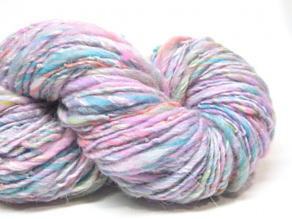 Handspun yarn in hand dyed merino wool, alpaca, angelina and bamboo silk, 118 yards - 2.75 ounces/ 78 grams