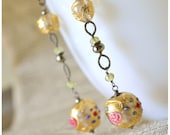 Gold wedding earrings, Wedding cake Art Deco Dogressa beads, Long Vintage rose fiorato earrings, Perle a Lume
