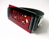 SALE french lace bracelet - red plexiglass jewelry - leather identity with black strap