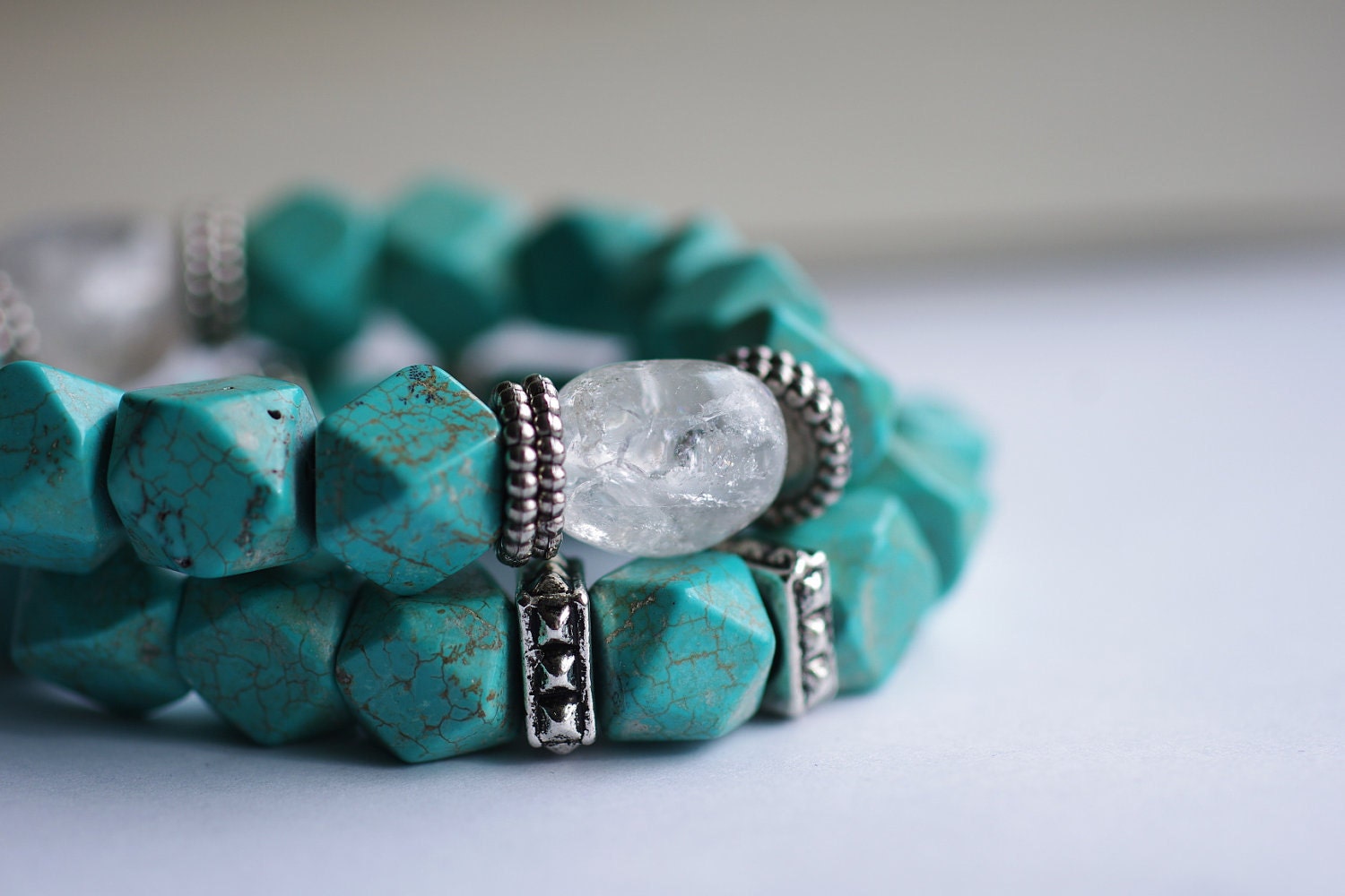 Magnesite Faceted Cube Stretch Bracelets Light teal blue with Antique Silver Accent