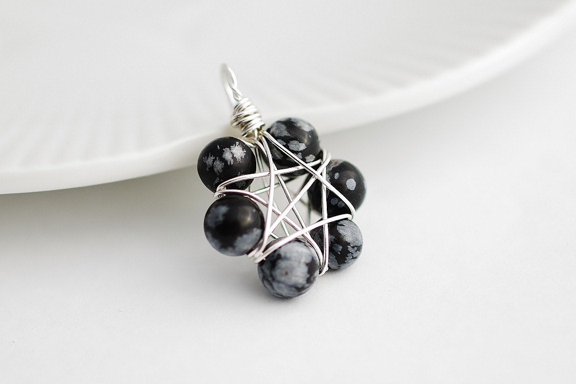Snowflake obsidian wire wrapped pendant black and silver pendant only