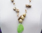 Recycled wine cork necklace with lime green magnesite organic shape pendant and natural color wood beads Boho Chic handmade