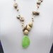 Recycled wine cork necklace with lime green magnesite organic shape pendant and natural color wood beads Boho Chic handmade