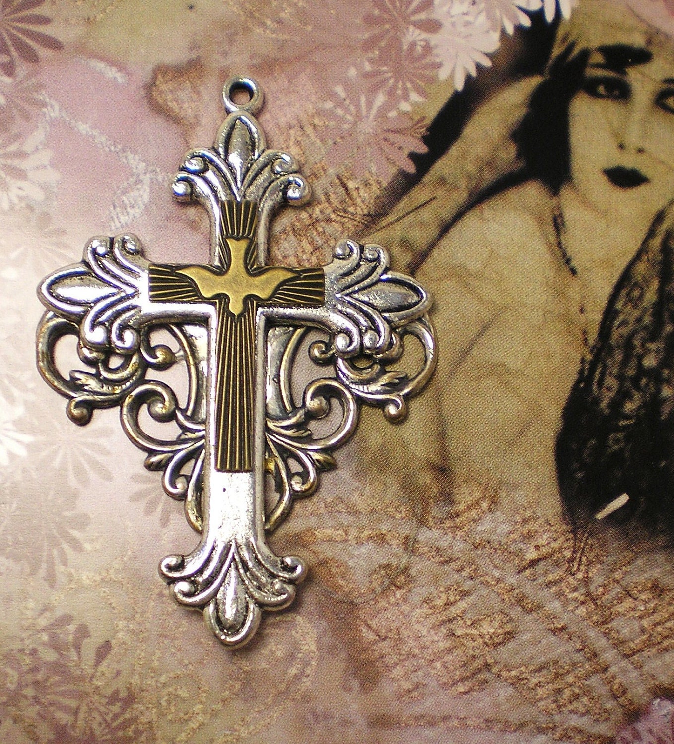 75% Off Sale -Peace Dove Silver CROSS Pedant for Necklace-Goth Rock Punk Vampire Christian Faith